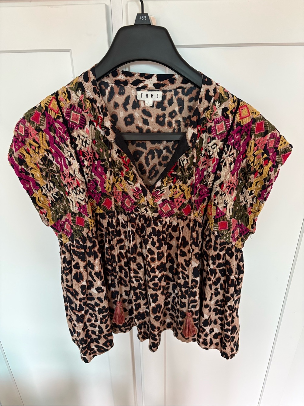 THML Leopard Print V-Neck Blouse with Pink & Olive Embroidery